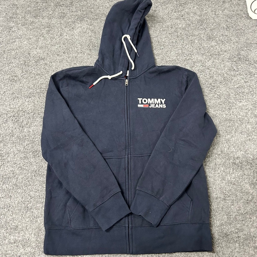 Tommy Jeans Hoodie Mens Size L Navy Blue Full Zip Logo Cotton Blend Sweatshirt